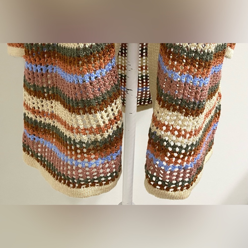 Rue 21 Womens L Brown Tan Stripe Crochet Long Cardigan Sweater Boho Eclectic Y2K - Picture 4 of 10